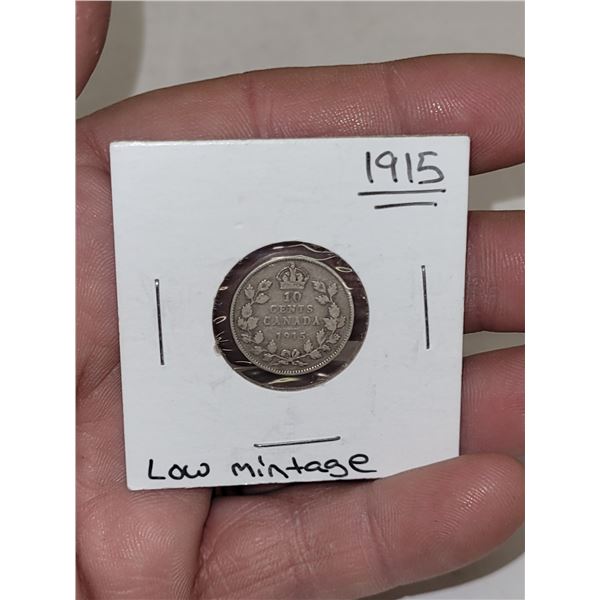 Low Mintage 1915 Canada 10 Cent Coin Silver  KeyDate