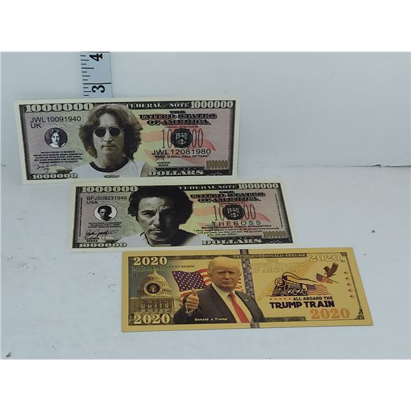 3 Fantasy Bank Notes - Gold Donald Trump, Bruce Springsteen and John Lennon
