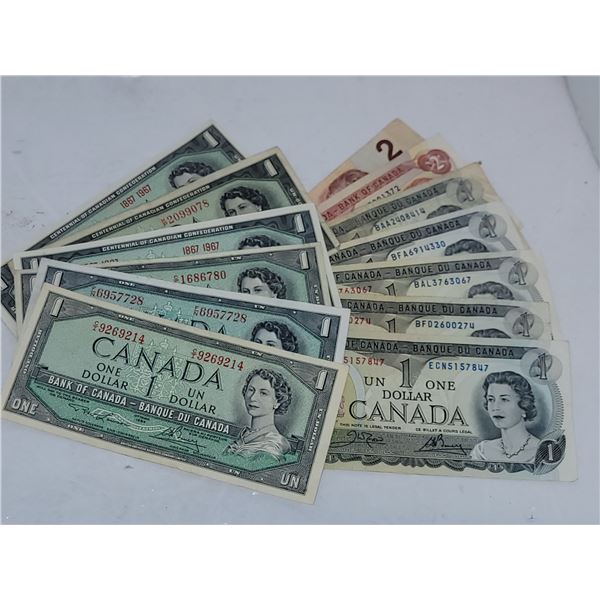 14x Various Years Canada $1 and $2 Dollar Bills