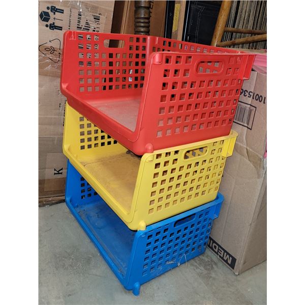 Lot of 3 Large Colourful Stacking Bin Organizers - Will need a cleaning