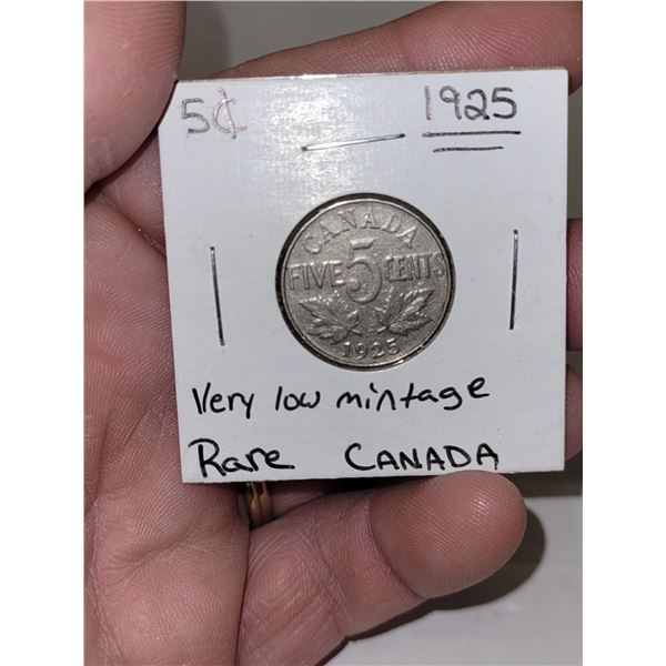 Low Mintage 1925 Canada 5 Cent Coin Key Date