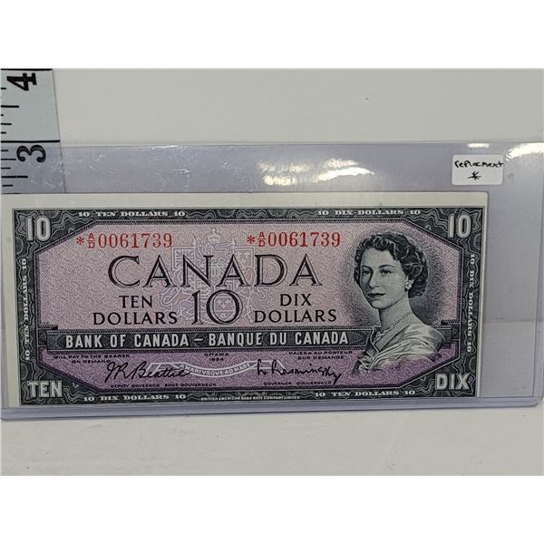 1954 Canada $10 Bill Replacement Note + Error (miscut)