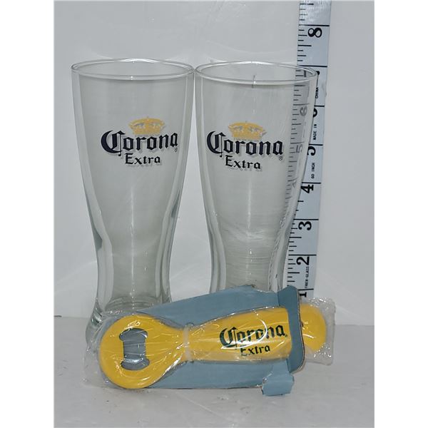 2 Corona Beer Glasses + Corona Bottlte Opener