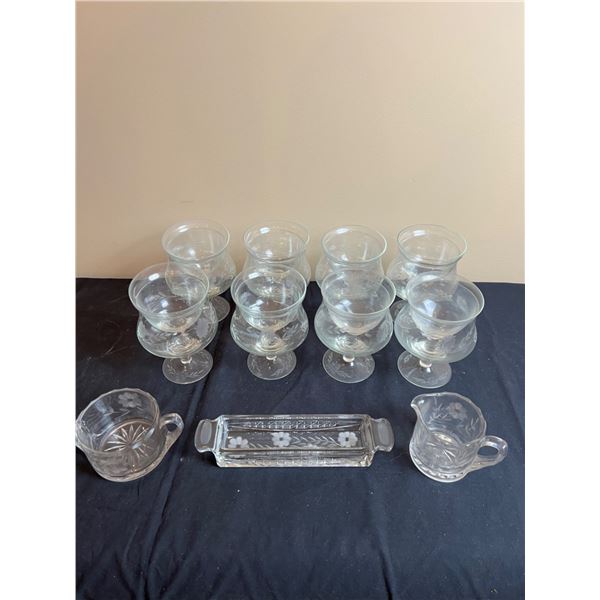 8 Shrimp Cocktail Glasses with Inserts, Cream & Sugar Bowl & Dish