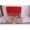 Image 1 : Assorted Office Supplies (Tape Measures, Staple Gun, Lapel Cards, Labels), Plastic Storage Bin 22.5"