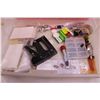 Image 2 : Assorted Office Supplies (Tape Measures, Staple Gun, Lapel Cards, Labels), Plastic Storage Bin 22.5"
