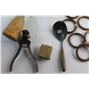 Image 5 : Copper Rings, Wooden Masher, Bell, Adjustable Wrench, Vintage Spoon and Misc.