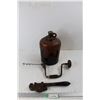Image 1 : Vintage Large Brown Glass Bottle, 13'' Tall, Vintage Hand Crank Drill, Pipe Wrench