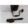 Image 2 : Vintage Large Brown Glass Bottle, 13'' Tall, Vintage Hand Crank Drill, Pipe Wrench