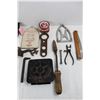 Image 3 : Lot Of Various Tools, Wagon Wheel Wrench, Small Shovel, Dimond T Truck Emblem, Misc.