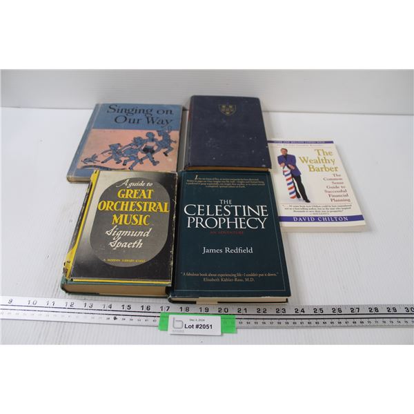 (5) Books: Celestine Prophecy, Wealthy Barber, Orchestral Music, Singing on our Way, The Moneyman