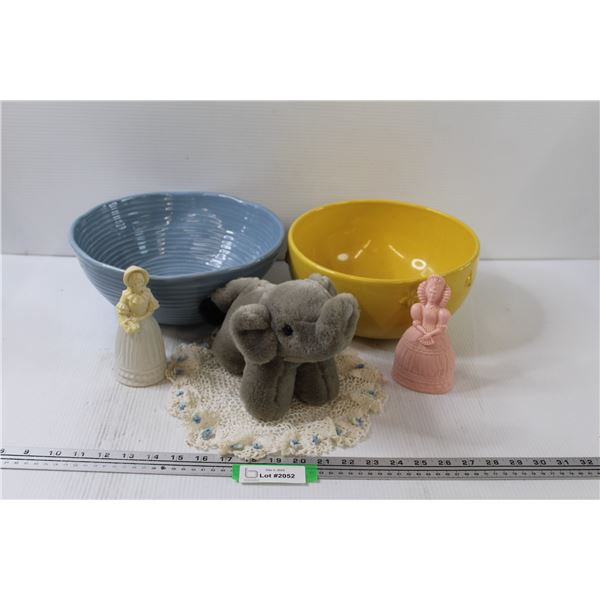 (2) Mixing Bowls, (2) Avon Perfumes, Stuffy Elephant, & Dollie