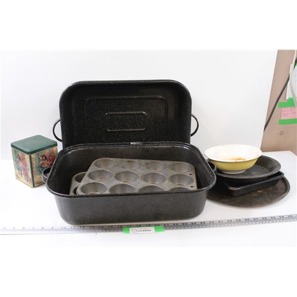 Roaster, (2) Muffin Tins, Baking Pie Plate, Collector Tins, Misc.