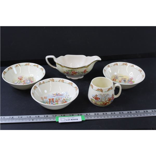 "Bunnykins" Royal Doulton Bowls & Mug, Pareek Gravy Boat