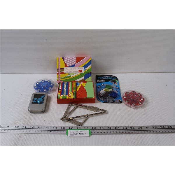 (4) Fidgets Spinners & Playing Cards Set & Magnetic Blocks