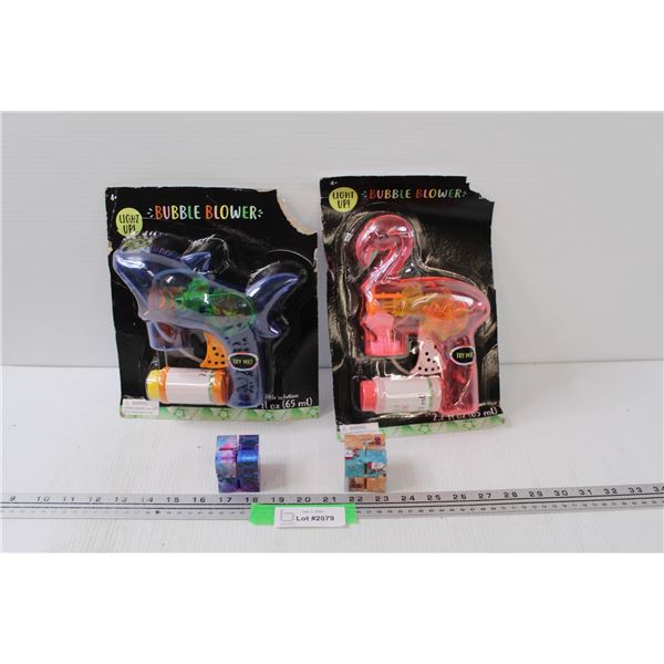 (2) Bubble Blowers (Shark & Flamingo), (2) Fidget Block Puzzles