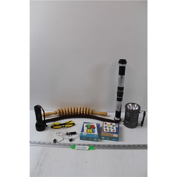 (2) Flashlights (May Need Batteries), (2) Back Rollers, (2) Flashcards Sets, Misc.