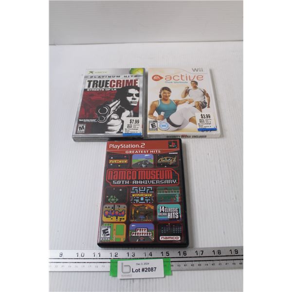 (3) Video Games: XBOX - True Crime, Wii - Active, PlayStation 2 - Namco Museum (Sealed)