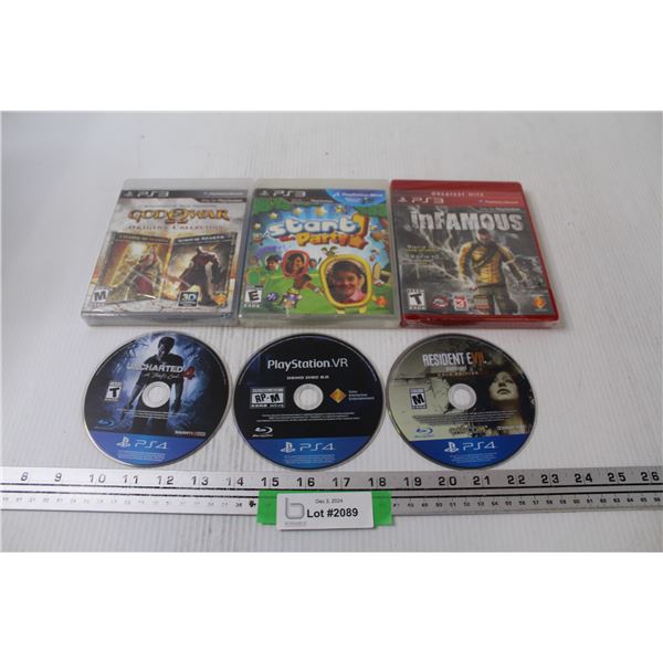 (6) Video Games: (3) PS4: (No Cases) Uncharted, VR, Resident Evil (3) PS3: (Sealed) God Of War, Star
