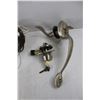 Image 4 : (2) Electric Plug- In lights, Gold One Needs Bulb, Silver One Powers On, Home Door Handle w/ Deadbol