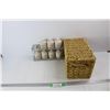 Image 1 : Rack , 11'' x 2.5'' x 6'' w/ (8) Various Small Stoneware Jug Like Cannisters, Wicker Basket w/ Lid, 