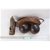 Image 1 : Wood Plane, (2) Vintage Lawn Bowling Balls new/ Case