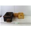 Image 1 : Wood Bear Figurine, (2) Wood Boxes, Wicker Box