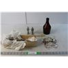 Image 1 : (3) Vintage Glasses, Liquor Bottle, Salt & Pepper Shakers, Cutlery