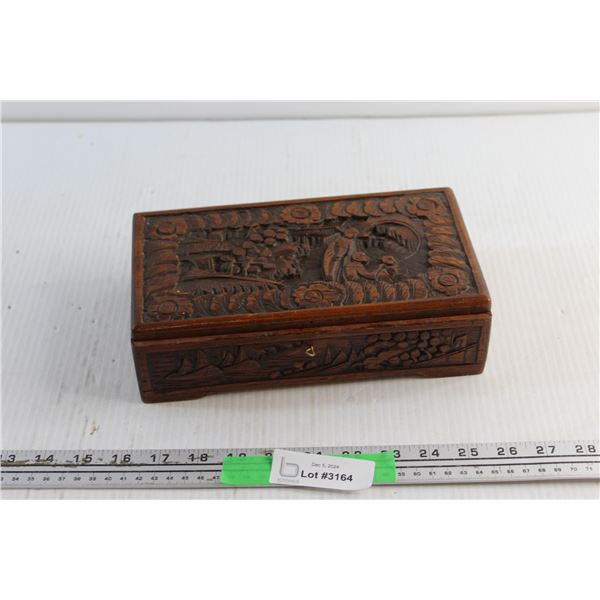 Carved Wooden Storage Box and Vintage Matches