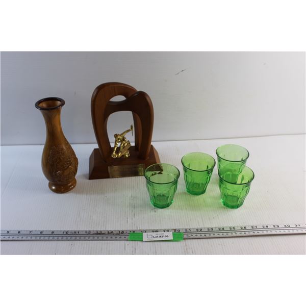 Plastic Vase, Dominion Motors Event Winners 1967 Statue and (4) Green Glass Cups