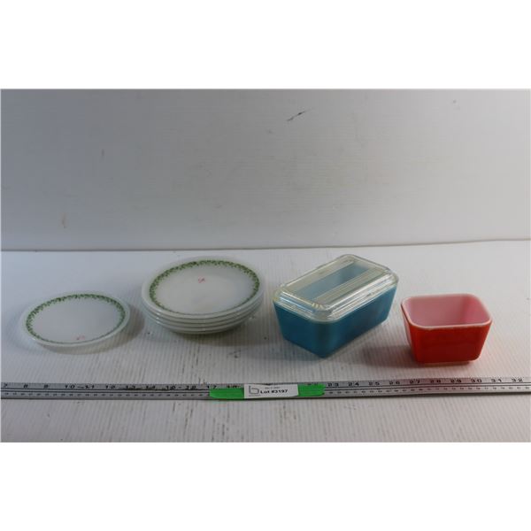 Pyrex Fridge Dish, Butter Dish and Plates