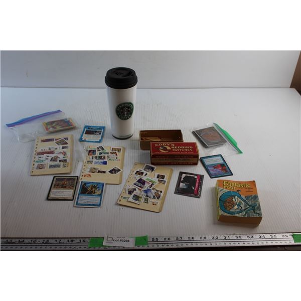 Reusable Starbucks Cup, Vintage Canadian Post Stamps, Redbird Matches, The Fantastic Four Book and A