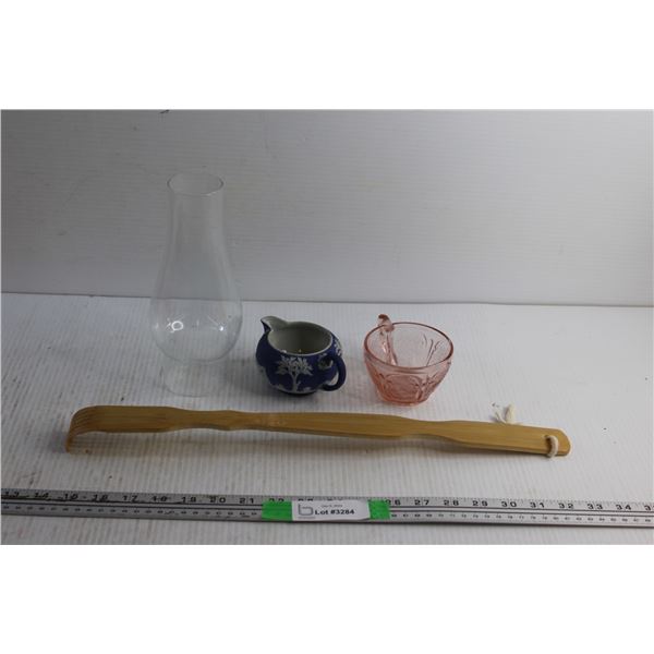 Glass Lamp Shade, Ceramic Creamer, Depression Glass Cup and Back Scratcher