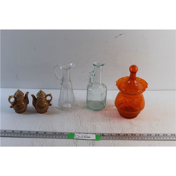 Vinegar Glass Bottles, Orange Glass Candy Dish and Salt & Pepper Shakers