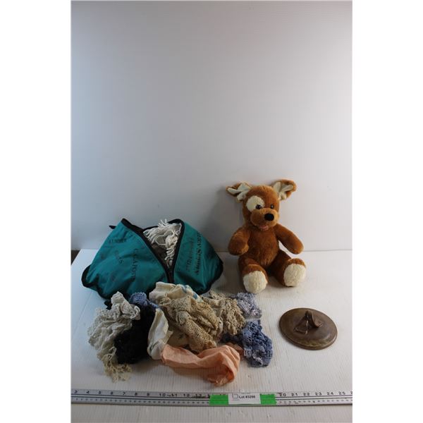 Plush Puppy, Fabric Scraps and Ceramic Pot Lid 6''