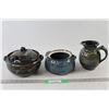Image 1 : Pottery Pitcher, (2) Pottery Dishes