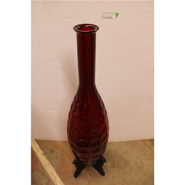 *Large Red Glass Fluted Vase With Wooden Stand 43" Tall