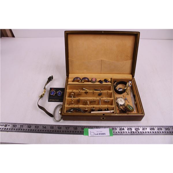 Jewelry Box With Contents (Ear Rings, Watches, Cuff Links, Pendants)