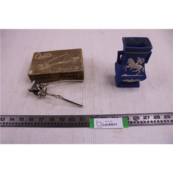 Vintage Oster Hair Clipper in Original Box, Vintage Blue Ceramic Raised Impression Vase 5" Tall