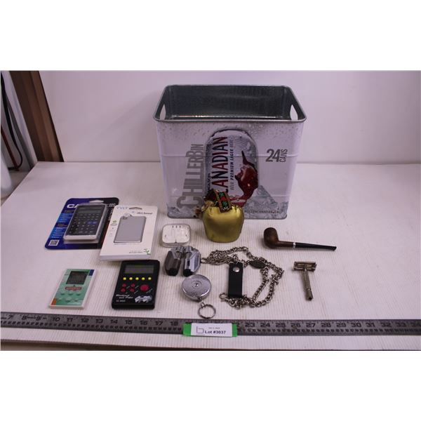 Molson Canadian Chiller Bin, Power Bank, Calculator, Lighters, Cowbell, Belt Clips, Harley Davidson 