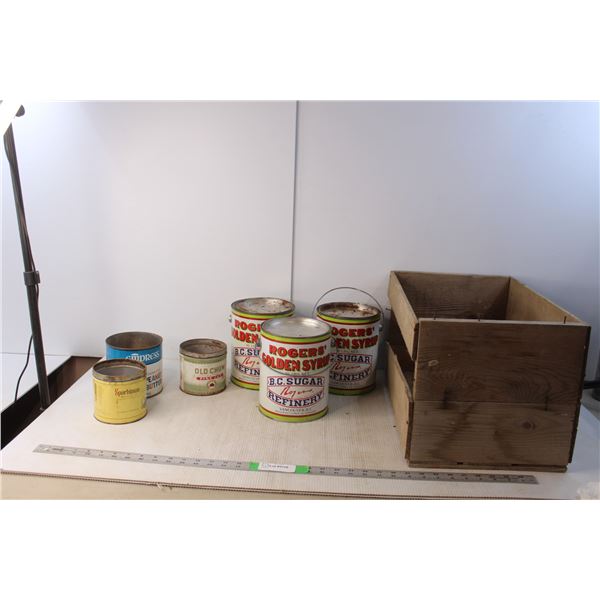 (6) Vintage Tin Cans & Wood Crate