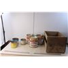 Image 1 : (6) Vintage Tin Cans & Wood Crate