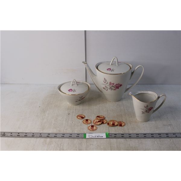 Tea Pot w/ Matching Cream and Sugar Set and Dairy Bottle Caps