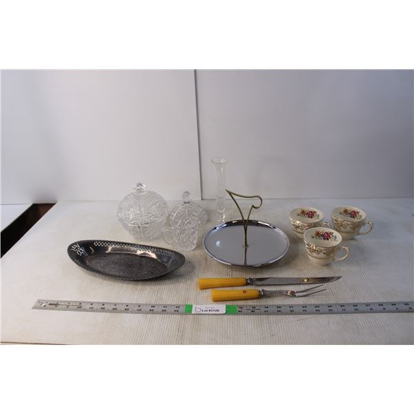 (3) Teacups, Serving Plates, Carving Set, Glass Candy Dishes