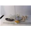 Image 1 : (3) Teacups, Serving Plates, Carving Set, Glass Candy Dishes
