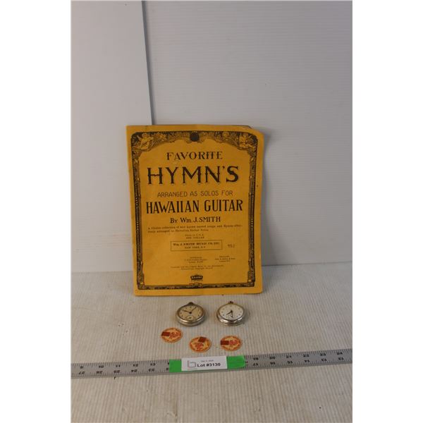 Hawaiian Guitar Music Book, (2) Pocket Watches and (3) Dairy Bottle Caps- As Is