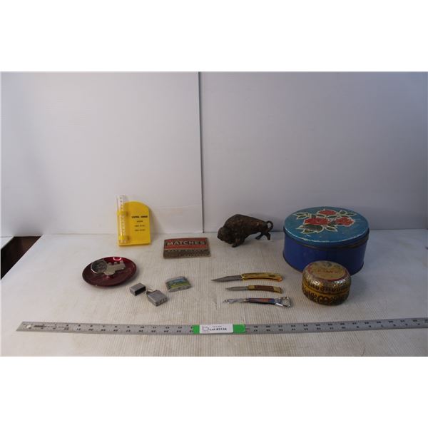 (2) Vintage Tins, (3) Pocket Knives, Misc.