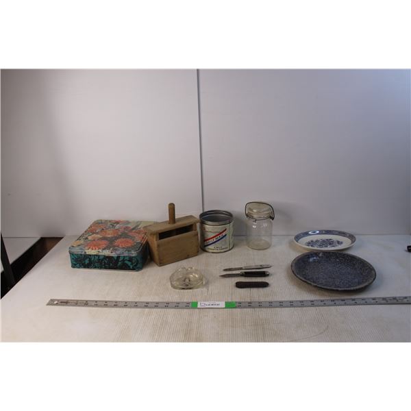 (2) Pocket Knives, Butter Mold. Misc.