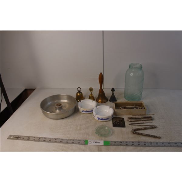 (4) Bells, (2) Rothmans Ashtrays, Nut Cracking Tools, Misc.