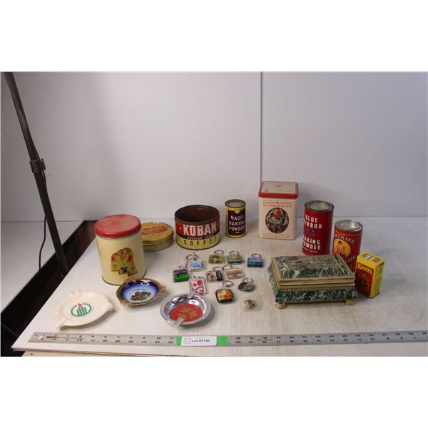 (8) Vintage Tin Containers, (10) Keychains, (3) Ashtrays, Misc.